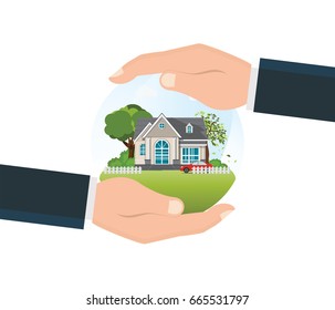 House insurance concept isolated on white background,businessman hand  holding home, home safety security, residential home real estate protection, vector illustration.