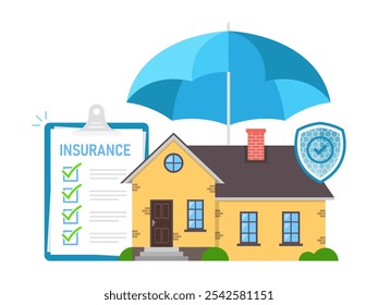 House insurance concept. Real estate protection, flat cartoon house protected under umbrella, home safety, security. Vector illustration
