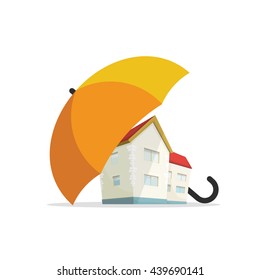 House insurance concept, residential home real estate protection, flat cartoon house protected under umbrella, home safety security shield vector illustration isolated on white