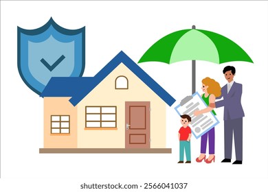 House insurance. Family, house and representative of the insurance company. Vector simple color flat illustration.