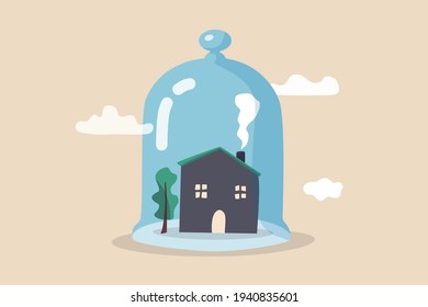 House insurance, home ownership assurance, residence, apartment or real estate protection concept, small house under strong protection from glass cover.