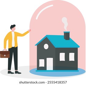 House insurance, home ownership assurance, residence, apartment or real estate protection concept, small house under strong protection from glass cover.
