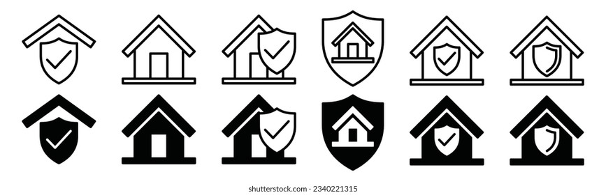 House insurance icon set. Home or Real estate and shield protection icon symbol in line and flat style on white background with editable stroke for apps and websites. Vector illustration