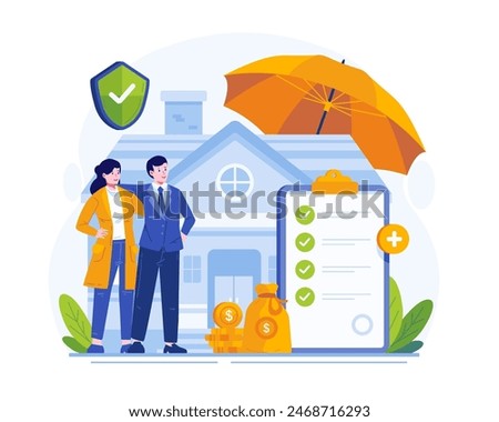 House Insurance Illustration. A Happy Couple With a House Covered by Insurance. Home Protection Insurance Concept