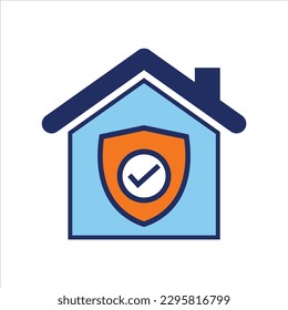 Häuserversicherungsplan und Schild Symbol für blaue und orangefarbene Versicherungs-flachsymbol