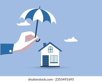 House insurance with a house protected under a blue umbrella as a symbol of residential security from mortgage payment or damage. vector illustration.