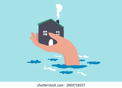 House insurance protection from disaster, safety and rescue from storm and flood, home care concept, big human hand helping house above flood water level protect from damage.