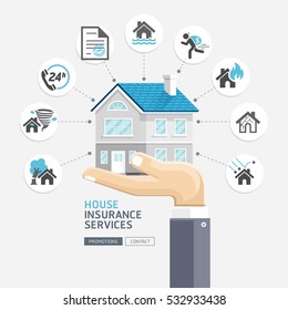 House insurance services. Business hands holding house. Vector Illustrations.