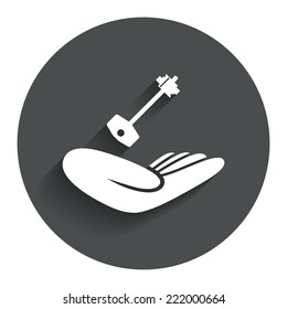House insurance sign. Hand holds home key symbol. Insurance of property. Circle flat button with shadow. Modern UI website navigation. Vector