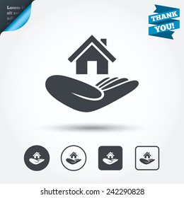 House insurance sign. Hand holds home symbol. Insurance of property. Circle and square buttons. Flat design set. Thank you ribbon. Vector