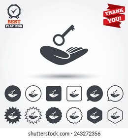 House insurance sign. Hand holds home key symbol. Insurance of property. Circle, star, speech bubble and square buttons. Award medal with check mark. Thank you ribbon. Vector