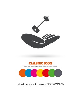 House insurance sign. Hand holds home key symbol. Insurance of property. Classic flat icon. Colored circles. Vector