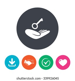 House insurance sign. Hand holds home key symbol. Insurance of property. Download arrow, handshake, tick and heart. Flat circle buttons.