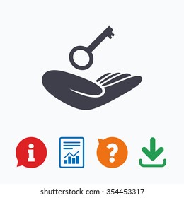 House insurance sign. Hand holds home key symbol. Insurance of property. Information think bubble, question mark, download and report.