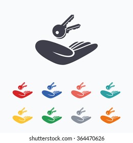 House insurance sign. Hand holds home keys symbol. Insurance of property. Colored flat icons on white background.