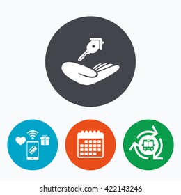 House insurance sign. Hand holds home key symbol. Insurance of property. Mobile payments, calendar and wifi icons. Bus shuttle.