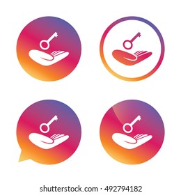 House insurance sign. Hand holds home key symbol. Insurance of property. Gradient buttons with flat icon. Speech bubble sign. Vector