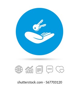 House insurance sign. Hand holds home keys symbol. Insurance of property. Copy files, chat speech bubble and chart web icons. Vector