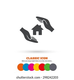 House insurance sign icon. Hands protect cover symbol. Insurance of property. Classic flat icon. Colored circles. Vector