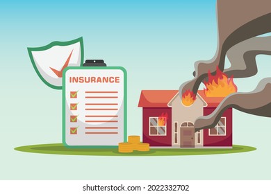 Concepto vectorial de seguro de casa: Seguro de casa y casa de bomberos con humo negro