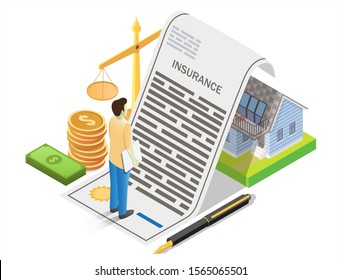 House insurance, vector illustration. Isometric insurant, money, scales of justice and residential house under reliable protection of insurance policy. Home insurance concept for banner, website page.