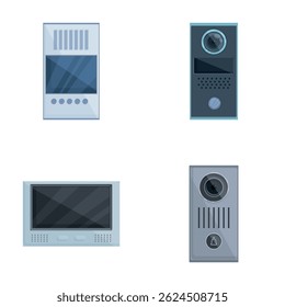 Ícones de intercomunicadores de casa definir vetor de desenhos animados. Sistema de entrada de telefone da porta de áudio de vídeo. Dispositivo de segurança de entrada