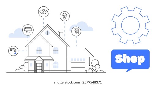 A house with interconnected smart devices such as cameras, lights, HVAC, and washing machines represented. Large gear and shop sign on the right. Ideal for smart home tech, online shopping, home