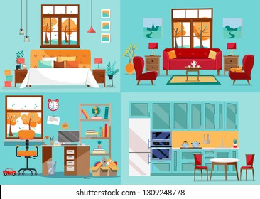 House interior 4 rooms. Inside front views of kitchen, living room, bedroom, nursery. Furnishing interior home rooms. Interior view for furnishing concept. Flat cartoon style vector illustration