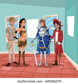 house interior background with full body group people in costume halloween