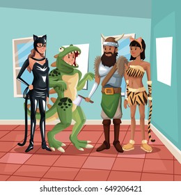house interior background with full body group people male and female in costume halloween