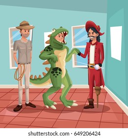 house interior background with full body group people male in costume halloween