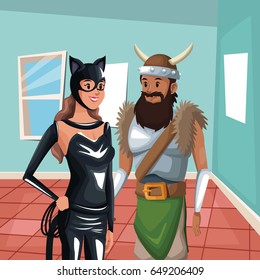 house interior background with half body cat woman and viking man costume