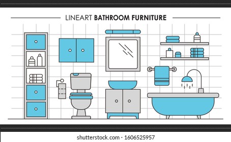 House interior banner set. Plan of the restroom with furniture arrangement. Outline illustration of house interior vector banner set for web design 