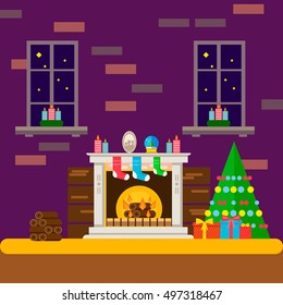 house interior and christmas decoration, xmas fireplace, gifts