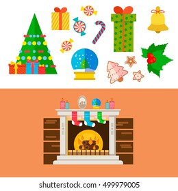 house interior and christmass decoration, xmas fireplace, gifts