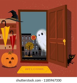 House interior, decorated for Halloween, pumpkin with mug in hallway under hanger with umbrellas, black cat hides behind door. Door is open and Ghost looks inside street. Flat cartoon illustration.