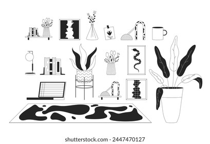 Detalles de diseño interior de la casa en blanco y negro 2D línea de dibujos animados conjunto. Disposición de la oficina en casa Vector aislado esquematizar artículos colección. Ilustraciones monocromáticas de manchas planas de decoración de sala de estar