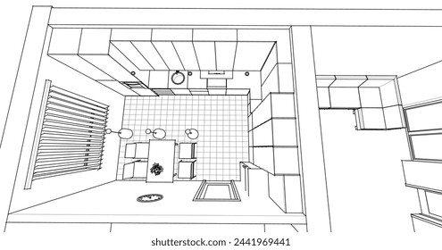  house interior design kitchen 3d illustration