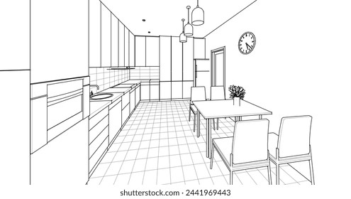  house interior design kitchen 3d illustration