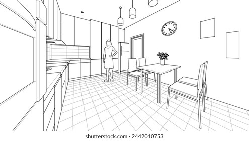 casa diseño interior cocina ilustración 3d