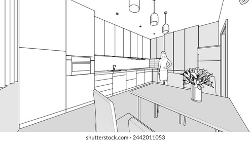 house interior design kitchen 3d illustration