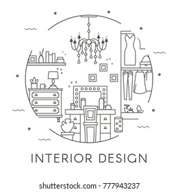 House Interior Design in Thin Line Style. Collection includes dressing table, wardrobe, chandelier, chest of drawers and fireplace. Furnished one-bedroom studio apartment. Flat vector illustration. 