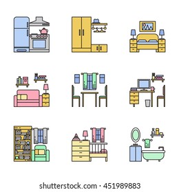 House interior different rooms thin line art illustration set collection