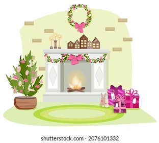 House interior in Easter style. Fireplace with decorative houses, the tree is decorated with bunnies and eggs with patterns. Candles, gifts. Easter wreath on the wall.