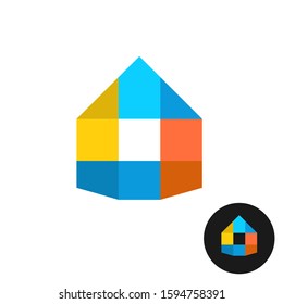 Logotipo creativo del diseñador interior y exterior de la casa. Coloridos azulejos superpuestos transparentes estilizados símbolo de la casa.