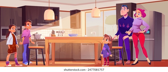 House interior. Family in kitchen room near fridge cartoon illustration. Children, woman and man indoor apartment with cooking furniture. Kids, father and mother in modern home with sunlight ray