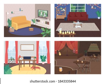 House interior flat color vector illustration set. Party in living room. Freelancer office. Live concert. Watch TV. Home and cafe 2D cartoon interior with furniture on background collection
