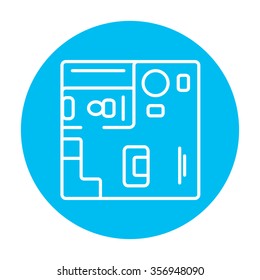House interior with furniture line icon for web, mobile and infographics. Vector white icon on the light blue circle isolated on white background.