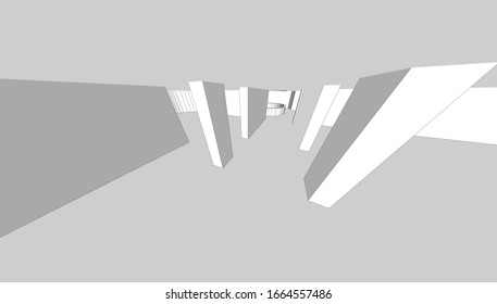Interior de la casa en perspectiva gráfica, columnas y pilones de hormigón armado