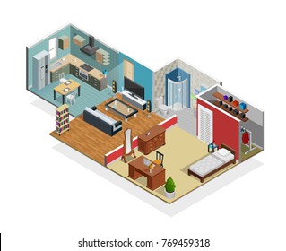 House Interior Isometric Concept With Bedroom Bathroom And Wardrobe Vector Illustration 